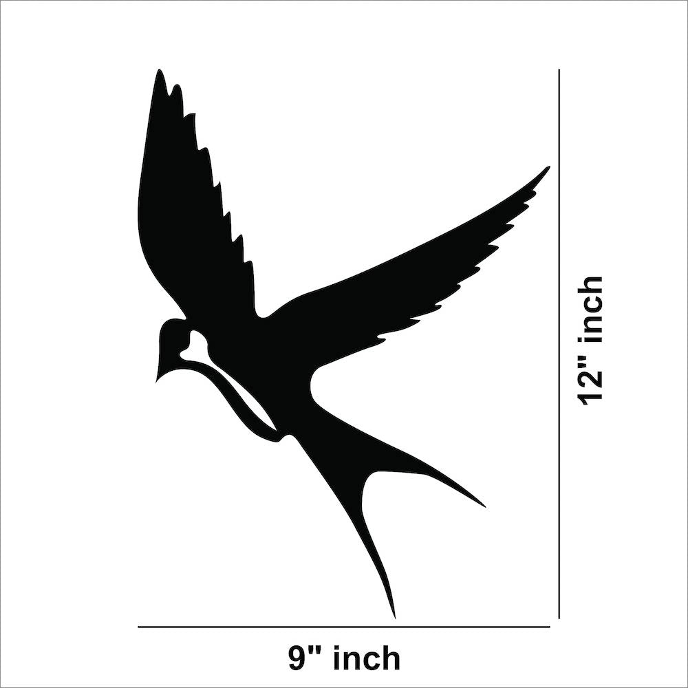 Black flying bird wall art featuring a sleek silhouette design, the image shows the dimensions of the product that is 12 inch by 9 inch.