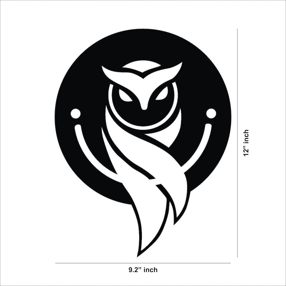 Black circular owl design wall art, the image shows the dimensions of the product that is 12 inch by 9.2 inch.