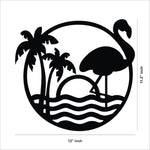 Round flamingo wall art featuring palm trees, sunset, and waves in a minimalist black design. The dimensional image of the product with 11.2 inch by 12 inch .