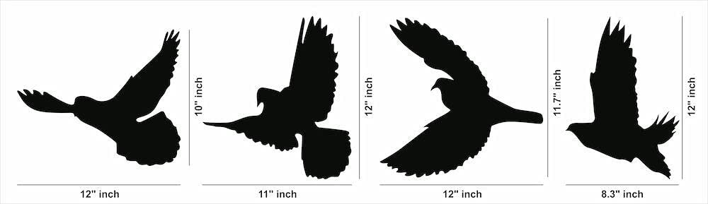 Black free flying birds wall decor featuring silhouettes of four birds in flight, the dimensional image of the product with different size for each frame.
