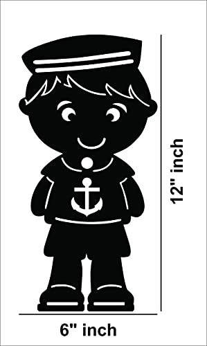 Black MDF wall art of a sailor boy with an anchor design, perfect for nautical-themed decor, the dimensional image of the product with 12 inch by 6 inch dimensions.