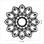 Elegant floral mandala wall art with a symmetrical petal design in black, the dimensional image of the product with 12 inch by 12 inch dimensions.