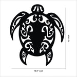 Intricate black MDF wall art of a tribal-style turtle design , the image is the dimensional picture of the product with 12 inch by 10.5 inch dimensions.