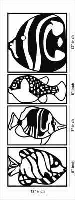 Modern fish wall decor featuring a vertical arrangement of four black frames with intricate fish designs, the dimensional image of the product with different sizes of the 4 frames.