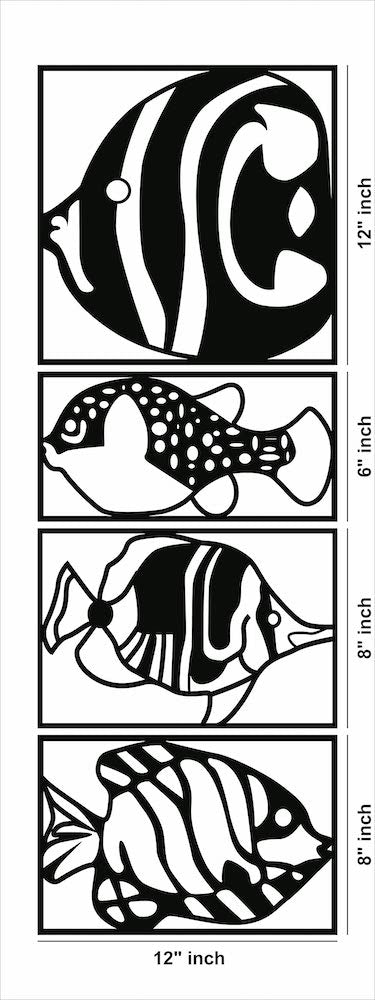 Modern fish wall decor featuring a vertical arrangement of four black frames with intricate fish designs, the dimensional image of the product with different sizes of the 4 frames.