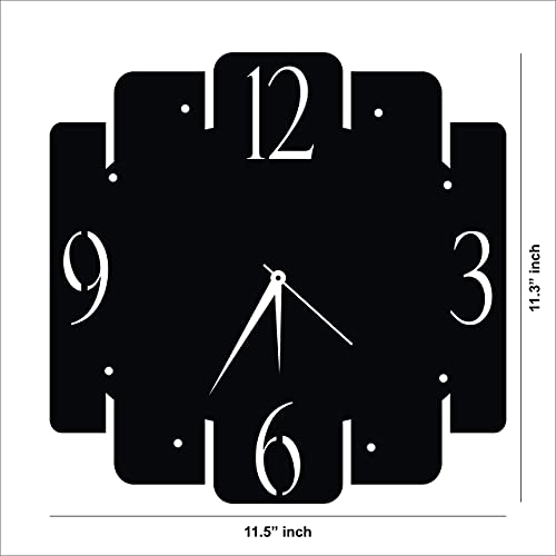 wall Modern black wall clock with a unique geometric design, featuring minimalist numbers and sleek hands, the dimensional image of the product with 11.3 inch by 11.5 inch dimensions.