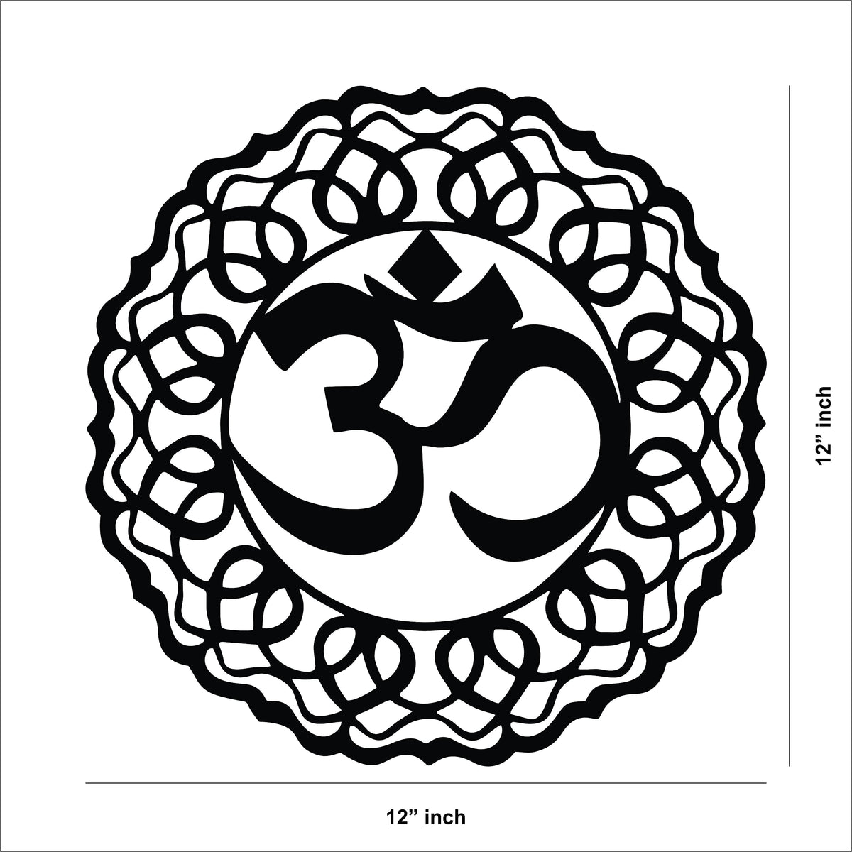 Black Om sign wall art featuring intricate circular patterns, the image shows the dimensions of the product that is 12inch in diameter.