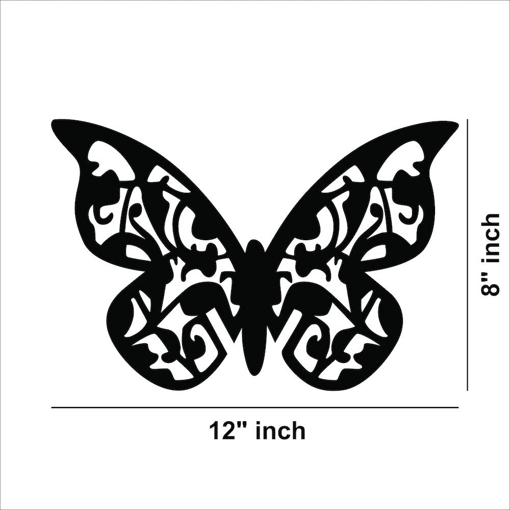 Elegant butterfly-shaped MDF wall decor with intricate patterns, with the dimensions of the product that is 8 inch by 12 inch.