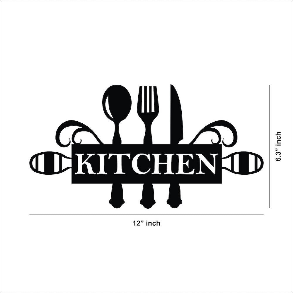 Black cutlery wall art featuring a spoon, fork, and knife design with the word 'KITCHEN' in bold, with the dimensions of the product that is 6.3 inch by 12 inch.