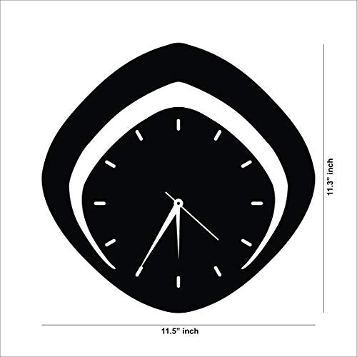 Modern analog wall clock with a sleek black geometric design, the image shows the dimensions of the product that is 11.3 inch by 11.5 inch.