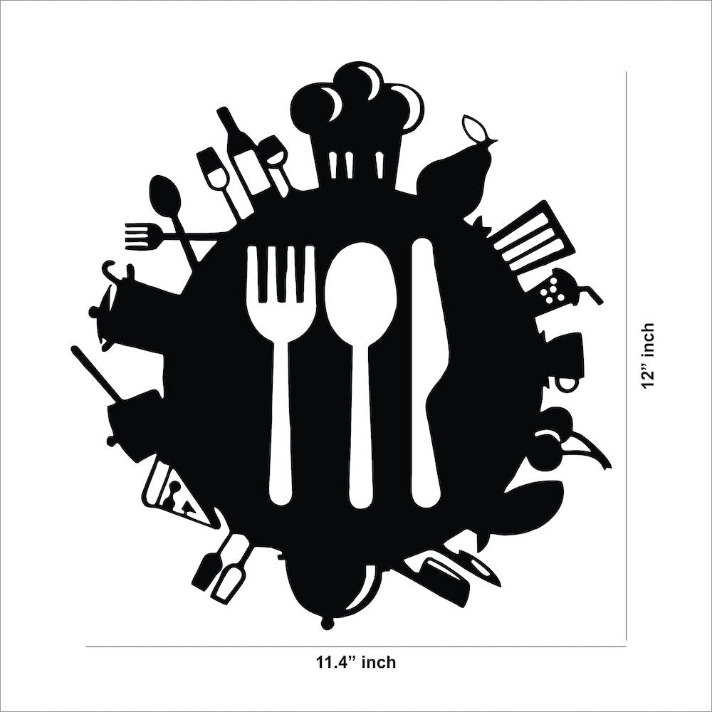 Black wall art featuring a circular design with a fork, spoon and knife at the center, with the dimensions of the product that is 12 inch by 11.4 inch. 