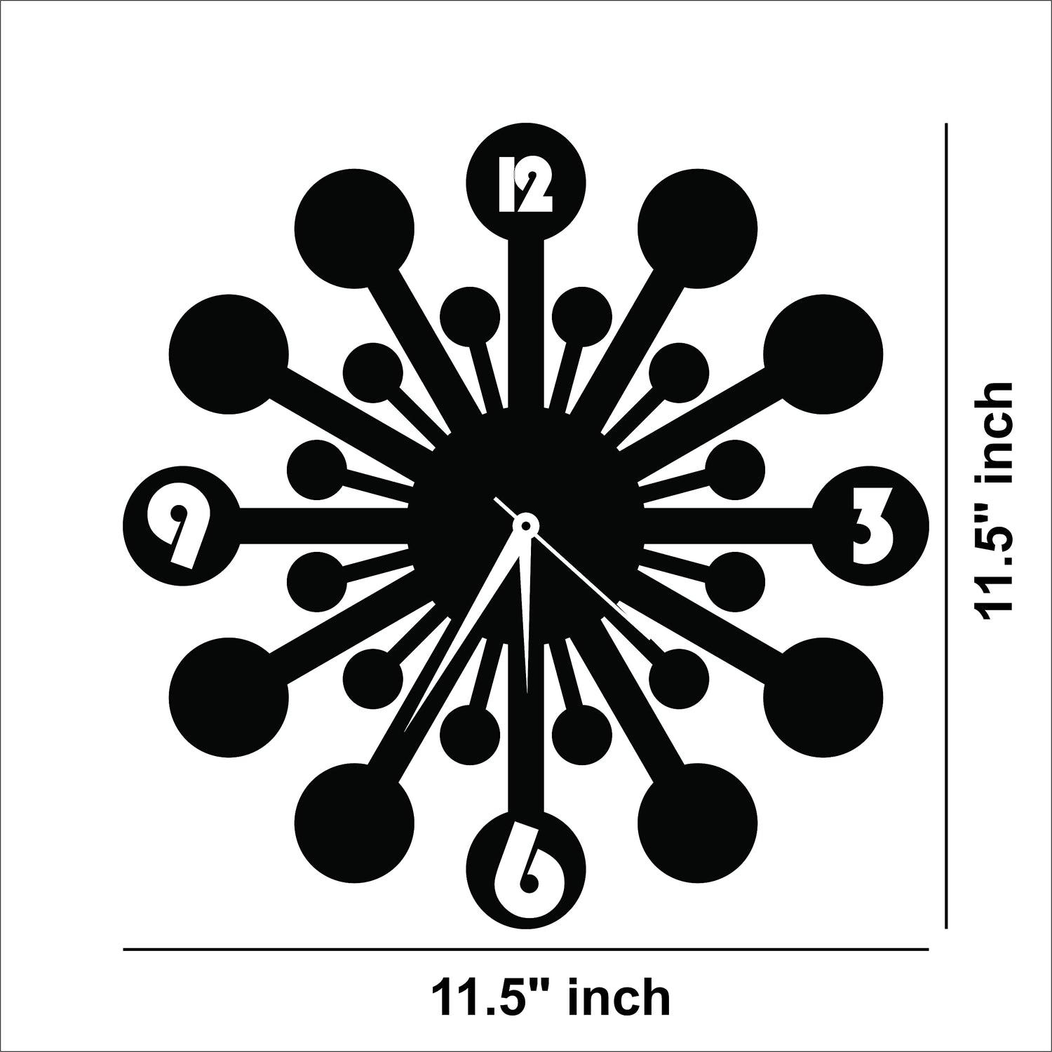 Modern black starburst wall clock with a minimalist design featuring circular accents and prominent numerals. The dimensional picture of the product with 11.5 inch diameter.