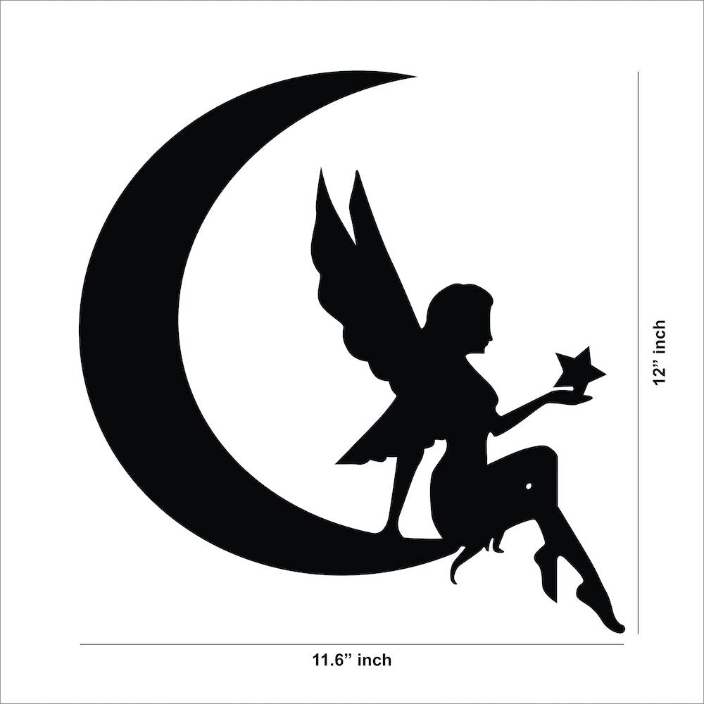 Black MDF moon fairy wall decor featuring a delicate silhouette of a fairy sitting on a crescent moon holding a star, the dimensional image of the product with 12 inch by 11.6 inch dimensions.