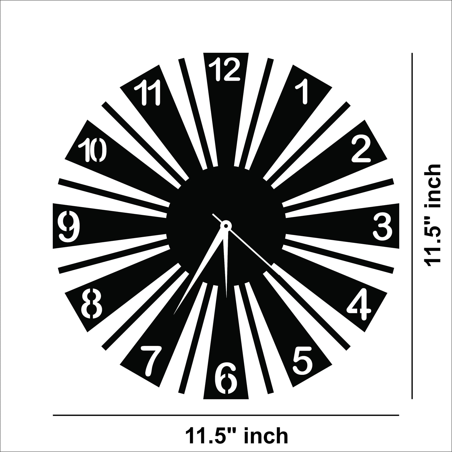 Modern black MDF wall clock with a sleek radial design, the dimensional image of the product with 11.5 inch diameter.