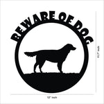 Black circular warning board for entrance featuring a dog silhouette and the text 'BEWARE OF DOG,' the image shows the dimensions of the product that is 11.7 inch by 12 inch.