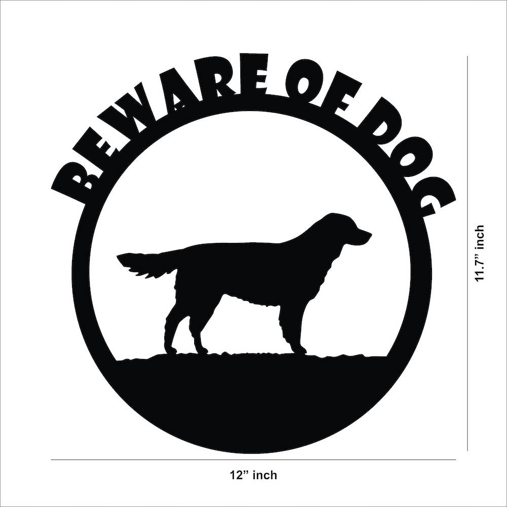 Black circular warning board for entrance featuring a dog silhouette and the text 'BEWARE OF DOG,' the image shows the dimensions of the product that is 11.7 inch by 12 inch.
