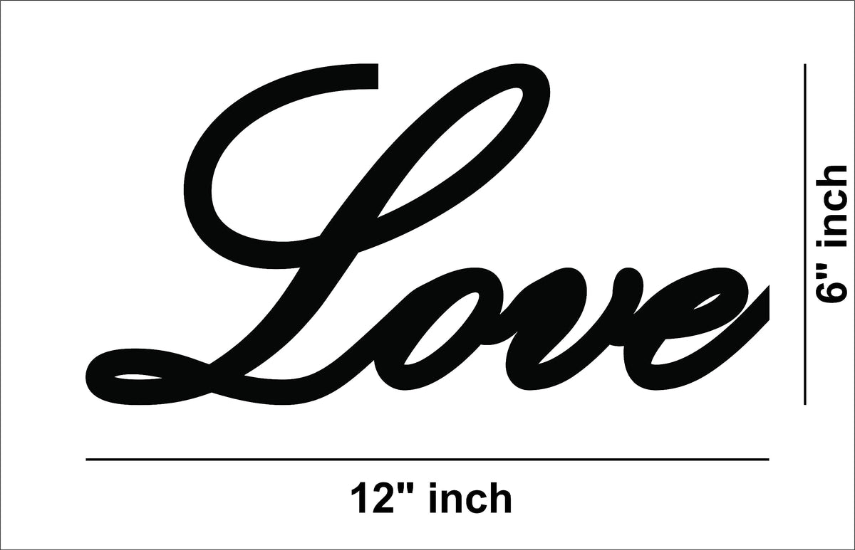  Black MDF wall art featuring the word "Love" in elegant cursive typography, showing the size of the product that is 6 inch by 12 inch.