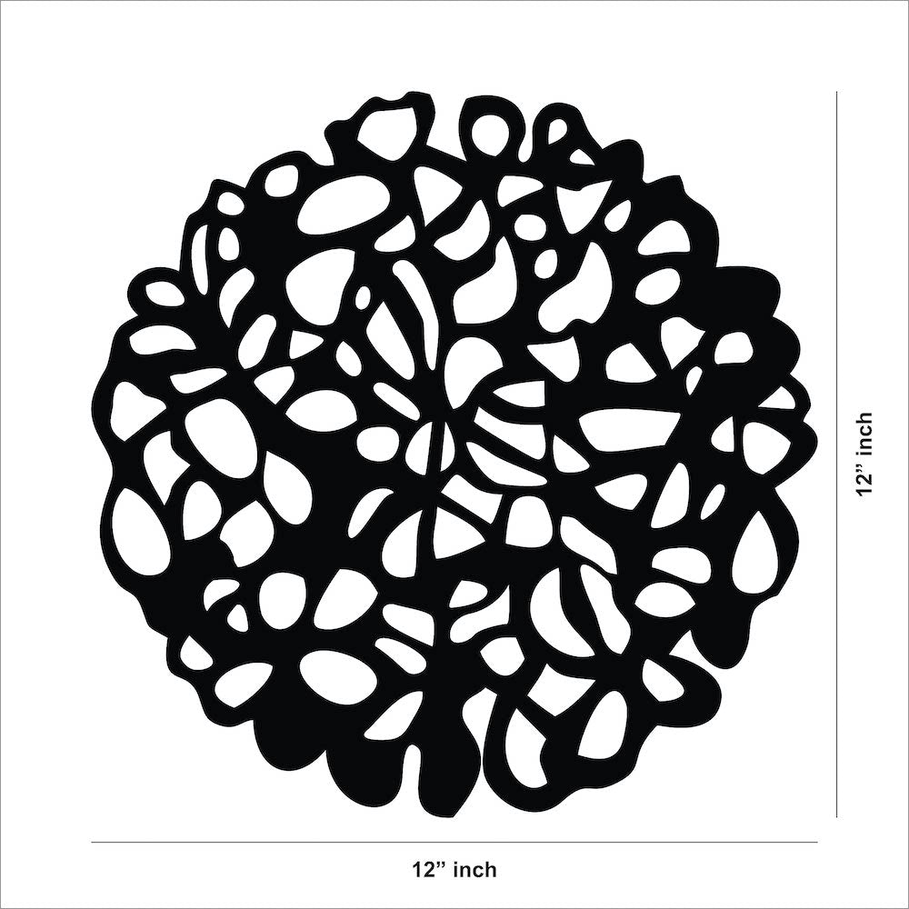 Black circular MDF wall art with an abstract cutout design showing the size of the product that is 12 inch in diameter.