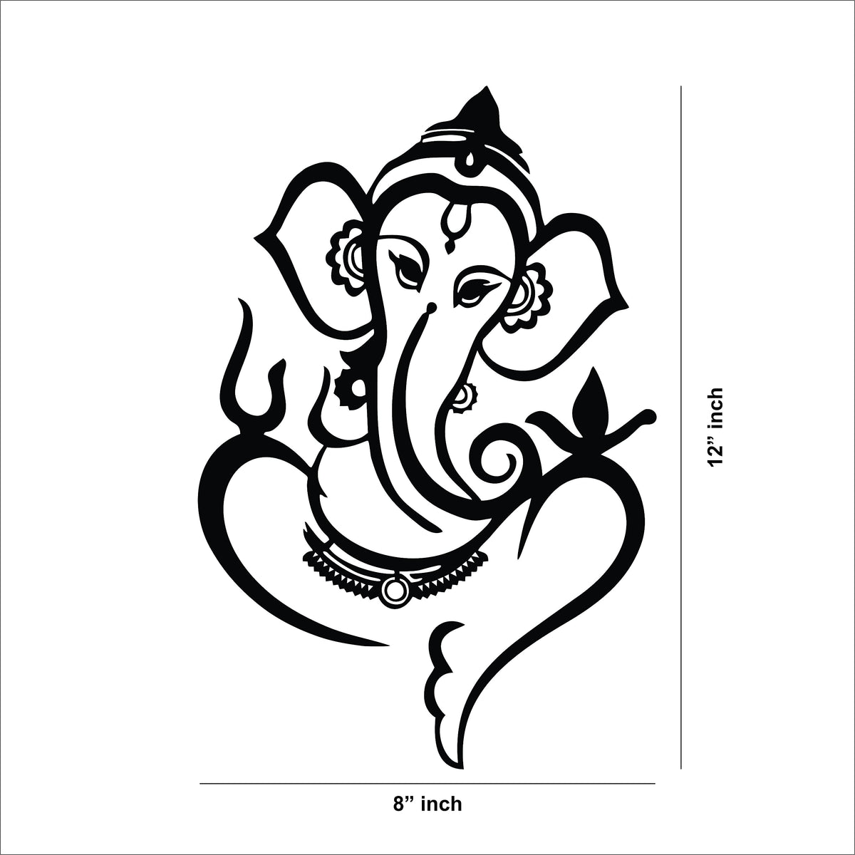 Black Lord Ganesha wall art featuring an intricate design of Ganesha’s face with symbolic elements, the dimensional image of the product with 12 inch by 8 inch in dimensions.