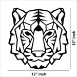 Geometric white and black tiger face wall art made from MDF, the dimensional picture of the product with 12 inch by 12 inch dimensions.