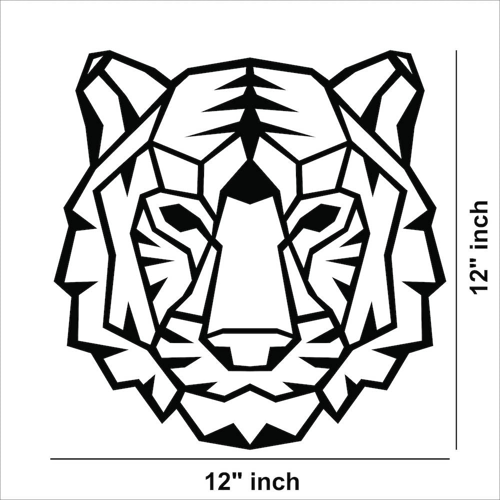 Geometric white and black tiger face wall art made from MDF, the dimensional picture of the product with 12 inch by 12 inch dimensions.