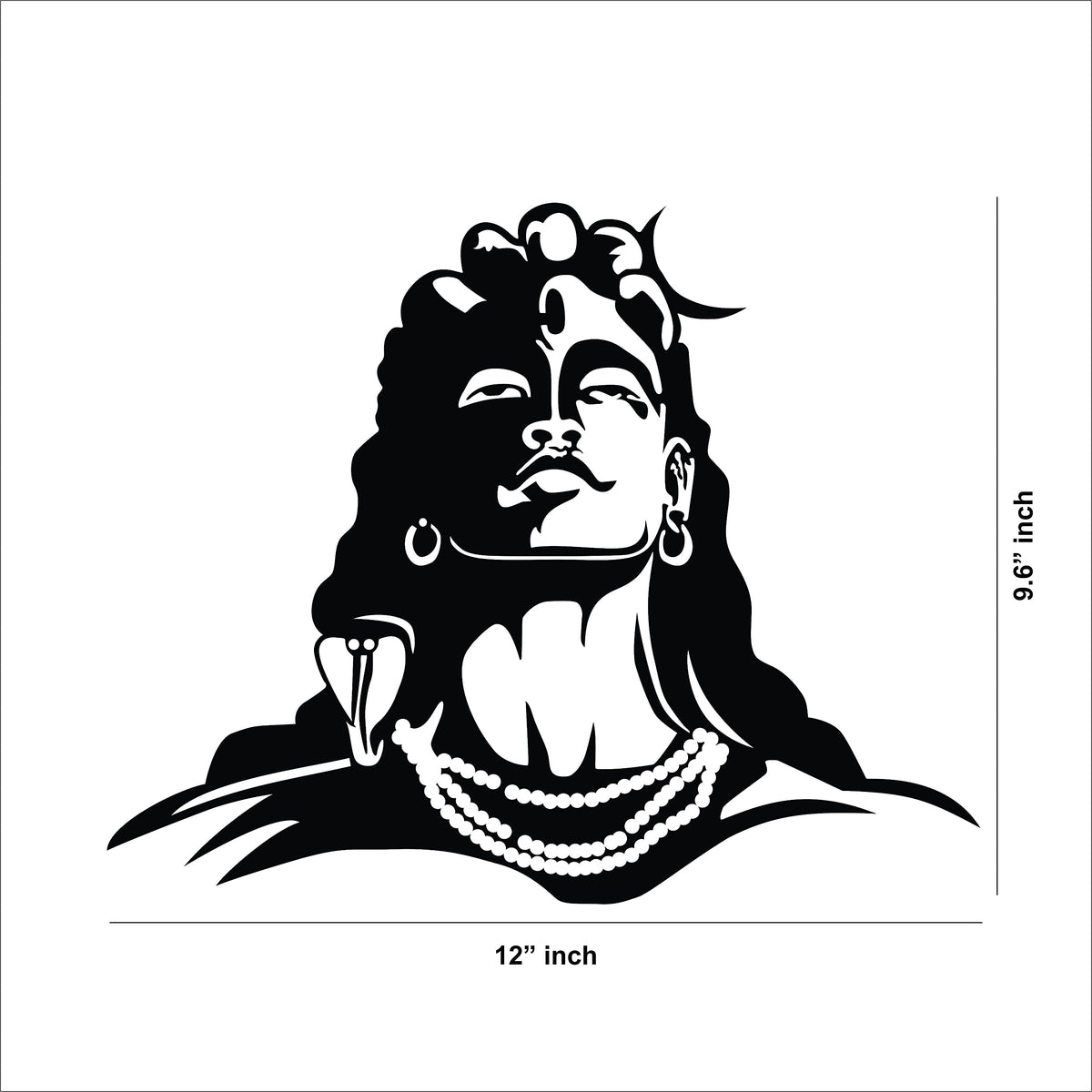 Black Mahadev wall art featuring an artistic depiction of Lord Shiva with detailed facial features, the dimensional image of the product that is 9.6 inch by 12 inch.