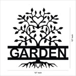 Black garden wall art featuring a tree design with heart-shaped leaves and the word "GARDEN," the dimensional image of  the product with 12 inch by 12 inch dimension.