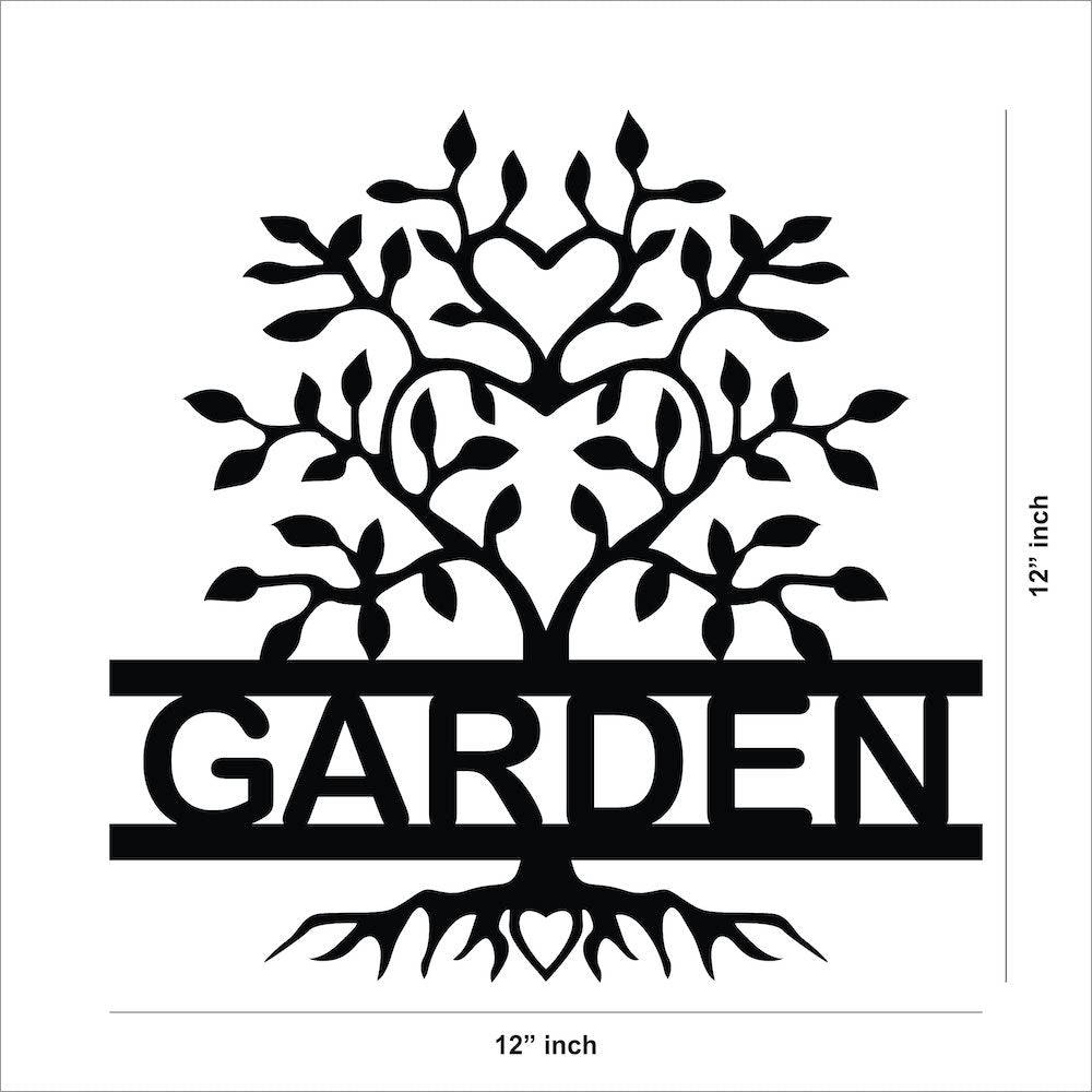 Black garden wall art featuring a tree design with heart-shaped leaves and the word "GARDEN," the dimensional image of  the product with 12 inch by 12 inch dimension.