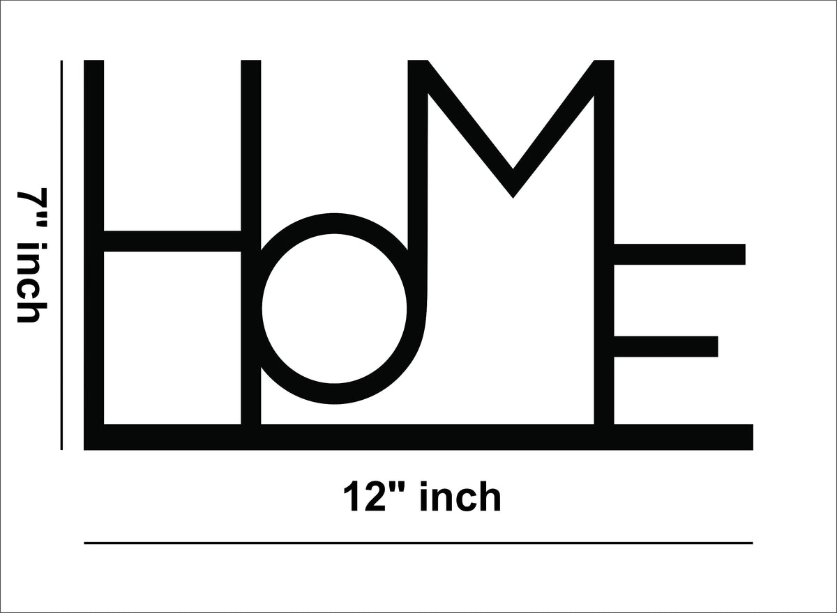 Minimalist black 'Home' wall decor showing the size of the product that is 7 inch by 12 inch.