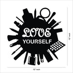 Black self-love wall art featuring the phrase 'LOVE YOURSELF' surrounded by silhouettes of beauty and self-care items, the image shows the dimensions of the product that is 12 inch in diameter.