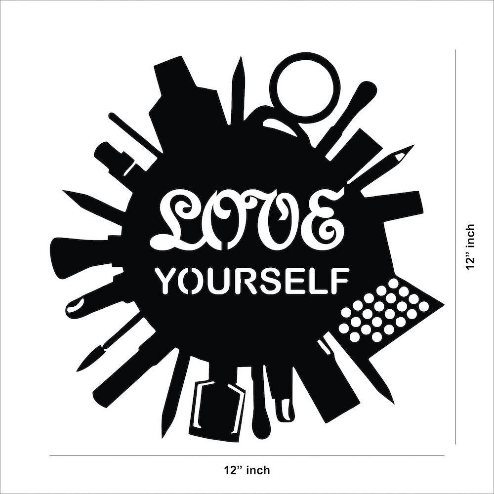 Black self-love wall art featuring the phrase 'LOVE YOURSELF' surrounded by silhouettes of beauty and self-care items, the image shows the dimensions of the product that is 12 inch in diameter.
