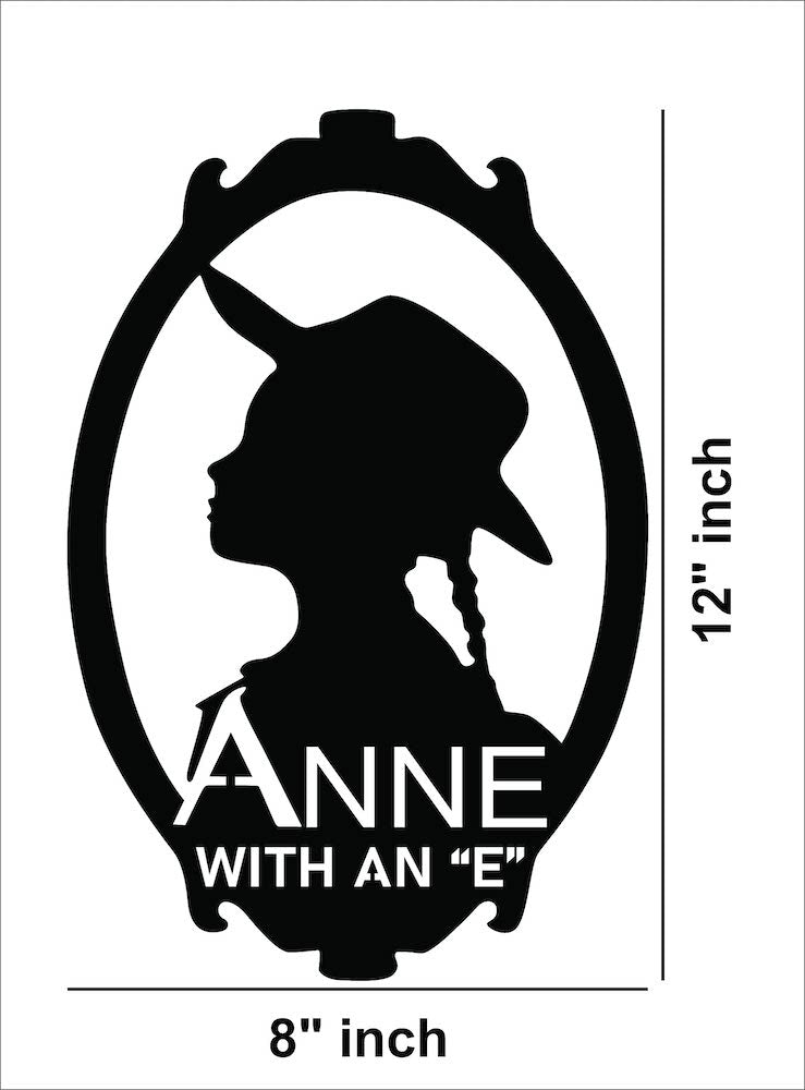 Vintage wall art featuring a black silhouette of a girl in a hat within an ornate oval frame, the image shows the dimensions of the product that is 12 inch by 8 inch. 