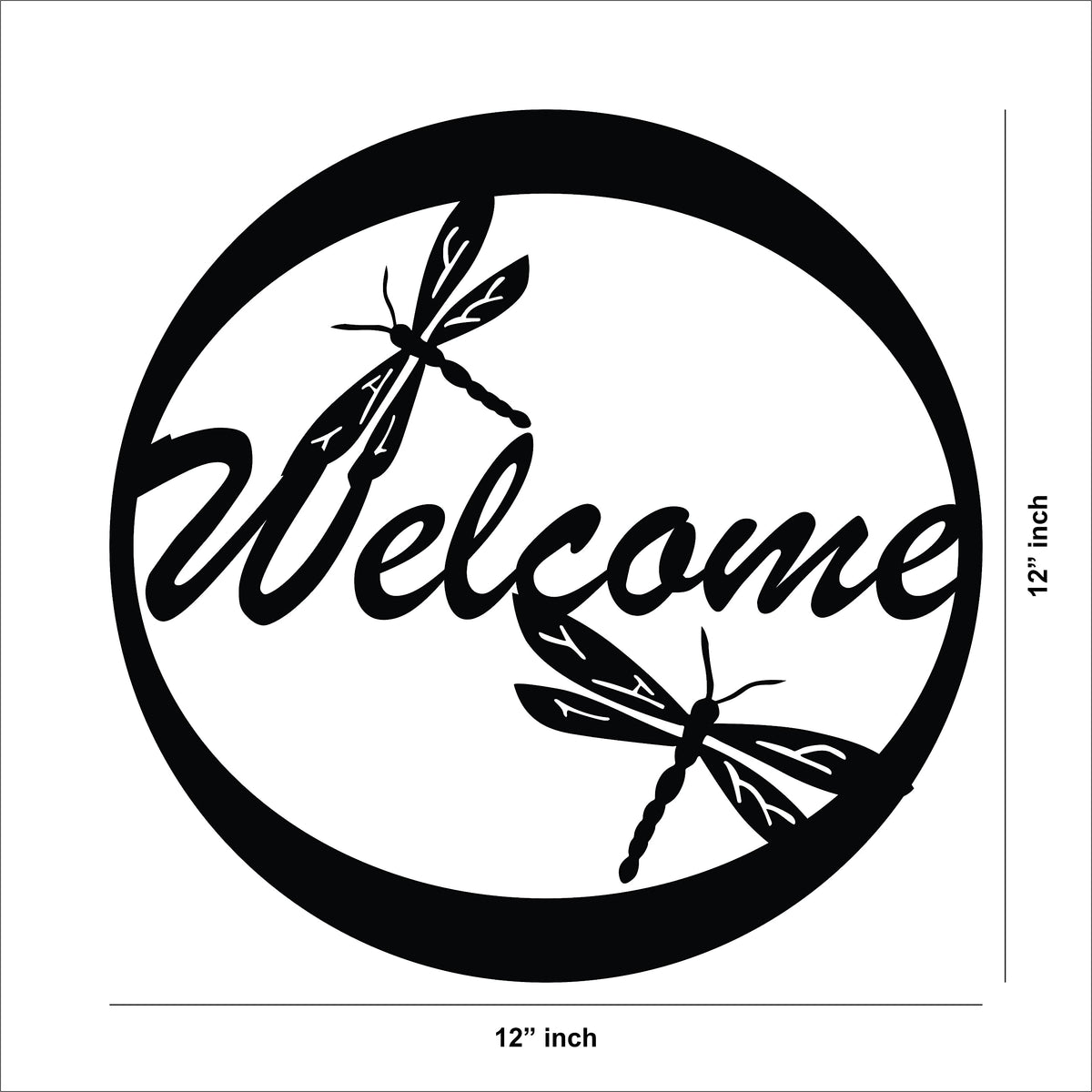 Circular black "Welcome" wall decor with dragonfly accents, the dimensional image of the product with 12 inch in diameter.