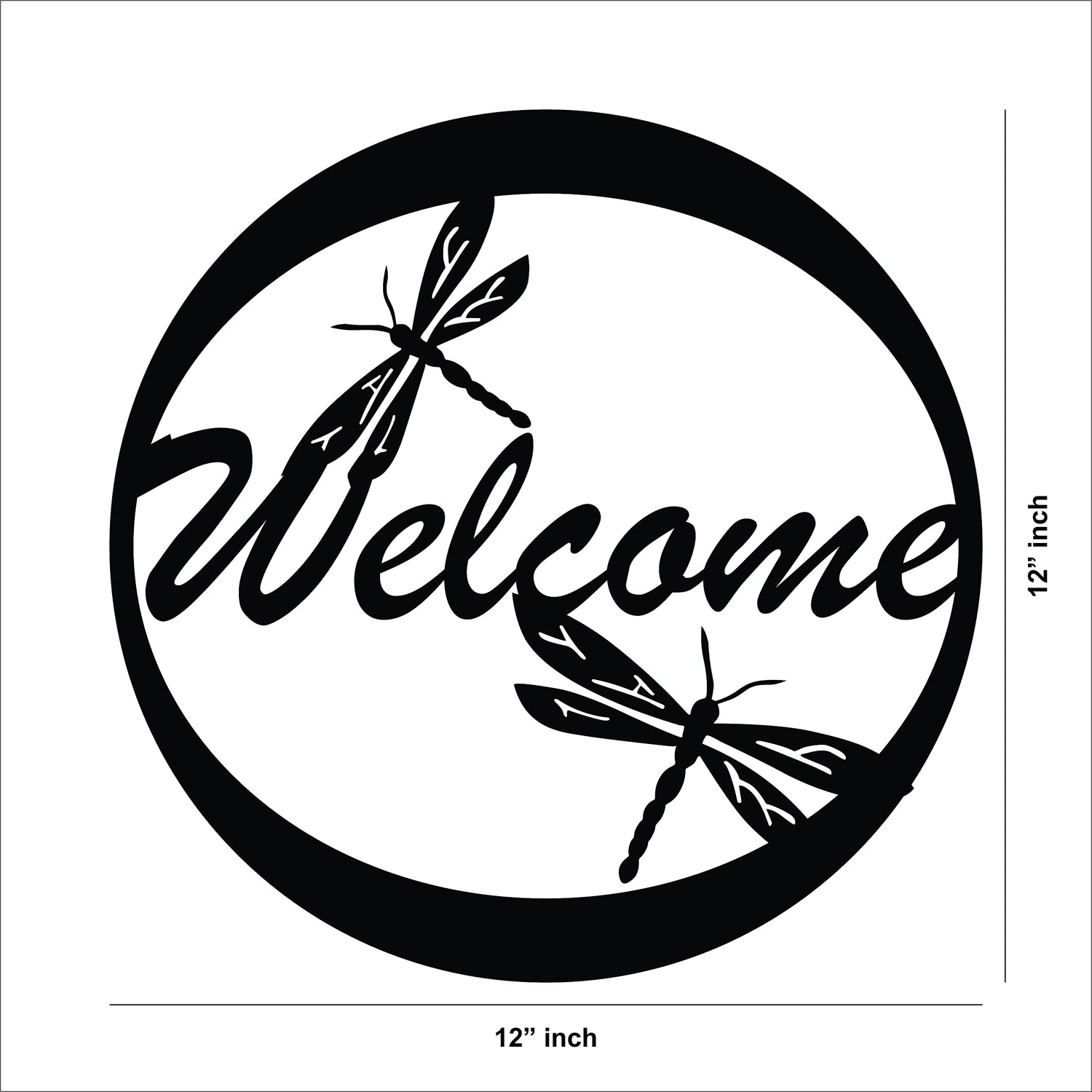 Circular black "Welcome" wall decor with dragonfly accents, the dimensional image of the product with 12 inch in diameter.