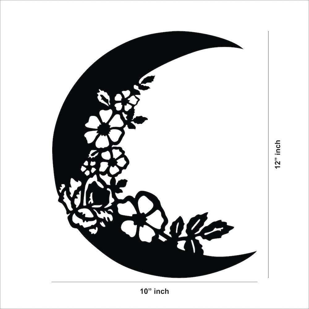 Crescent moon wall decor in black with intricate floral designs, the dimensional image of the product with 12 inch by 10 inch dimensions.