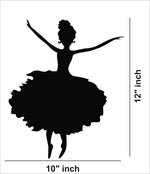 Black silhouette of a dancing girl wall decor featuring a graceful ballerina design, the image shows the dimensions of the product that is 12 inch by 10 inch.