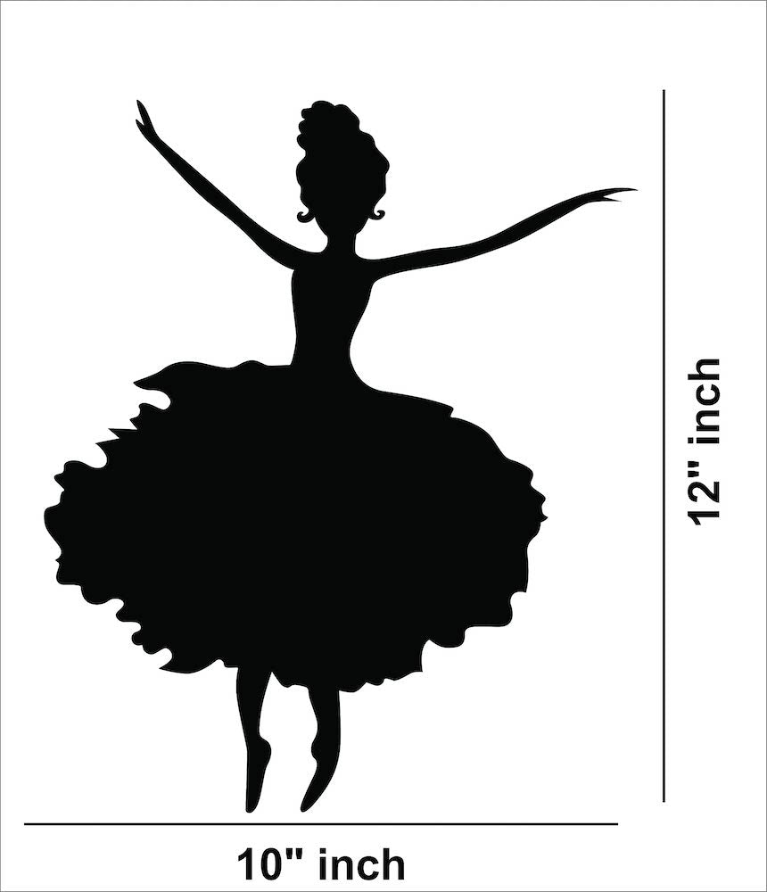Black silhouette of a dancing girl wall decor featuring a graceful ballerina design, the image shows the dimensions of the product that is 12 inch by 10 inch.