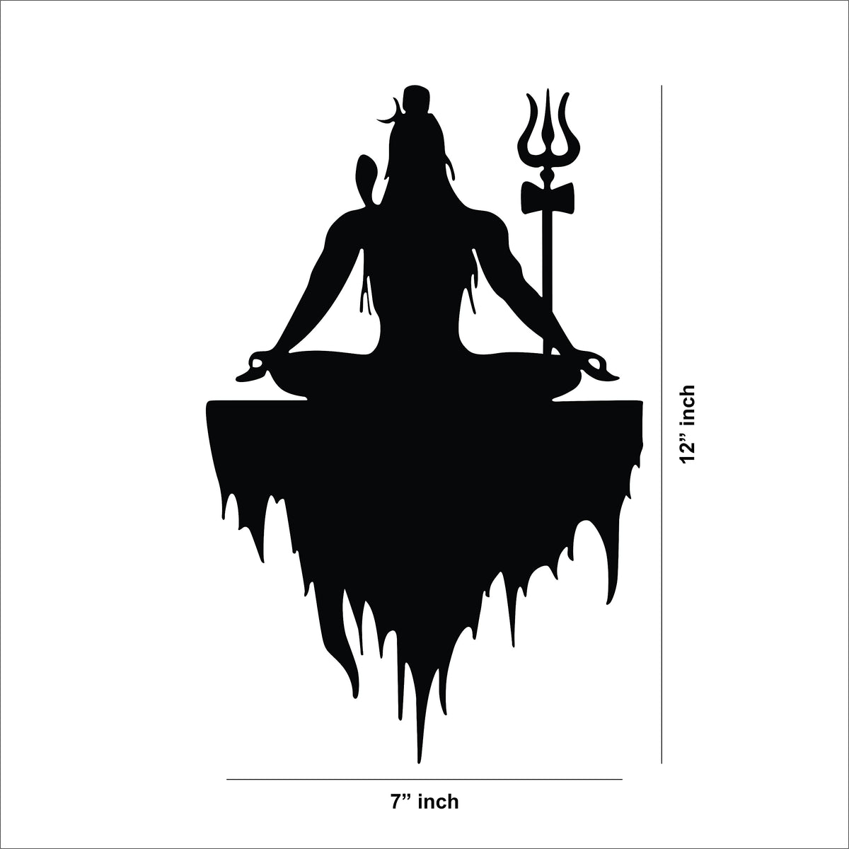 Black Lord Shiva wall art featuring a meditative silhouette of Shiva with a Trishul, the image shows the dimensions of the product that is 12 inch by 7 inch.