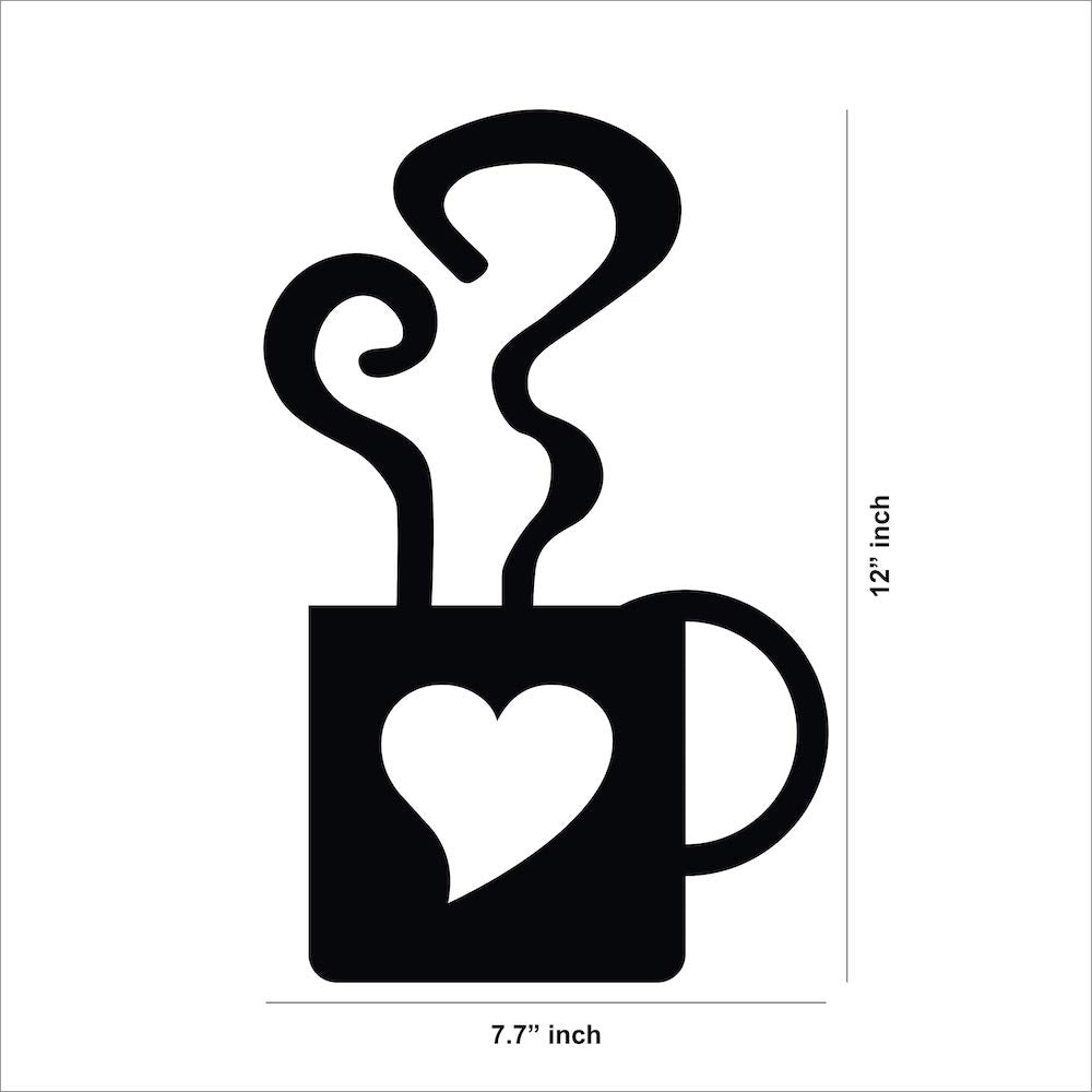 Black coffee cup wall art featuring steam and a heart cutout, the image is the dimensional picture of the product with dimensions 12 inch by 7.7 inch.