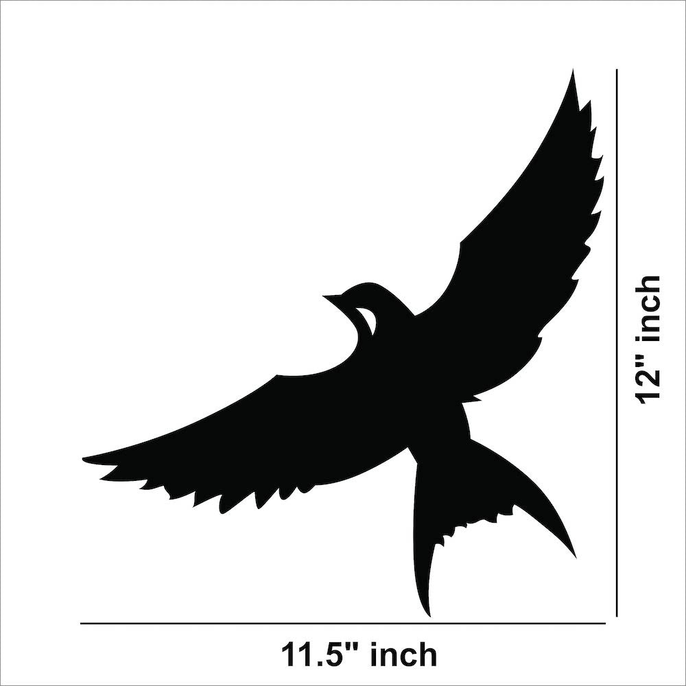 Black bird wall decor featuring a single silhouette of a bird in flight, the dimensional image of the product with 12 inch by 11.5 inch.