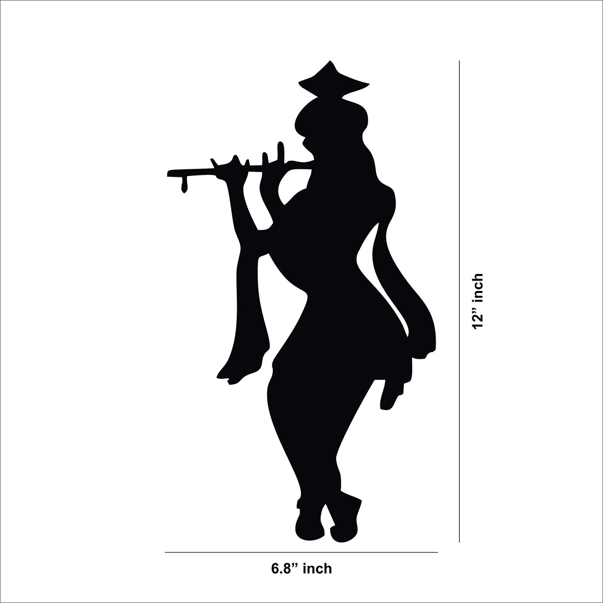 Black Krishna wall art featuring a silhouette of Lord Krishna playing a flute, the dimensional image of the product that is 12 inch by 6.8 inch.