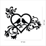 Romantic heart-shaped wall art with bird silhouettes and intricate floral designs, the dimensional image of the product with 10.7 inch by 12 inch dimensions.
