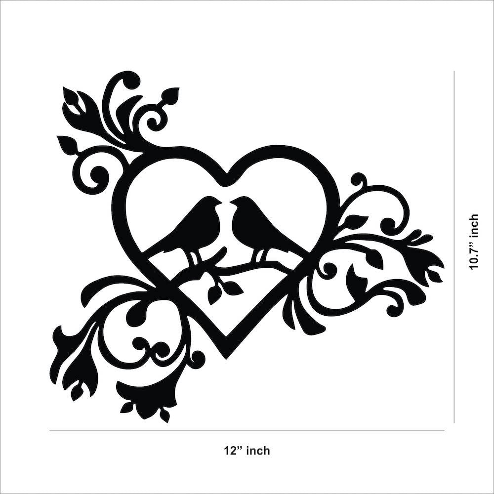 Romantic heart-shaped wall art with bird silhouettes and intricate floral designs, the dimensional image of the product with 10.7 inch by 12 inch dimensions.