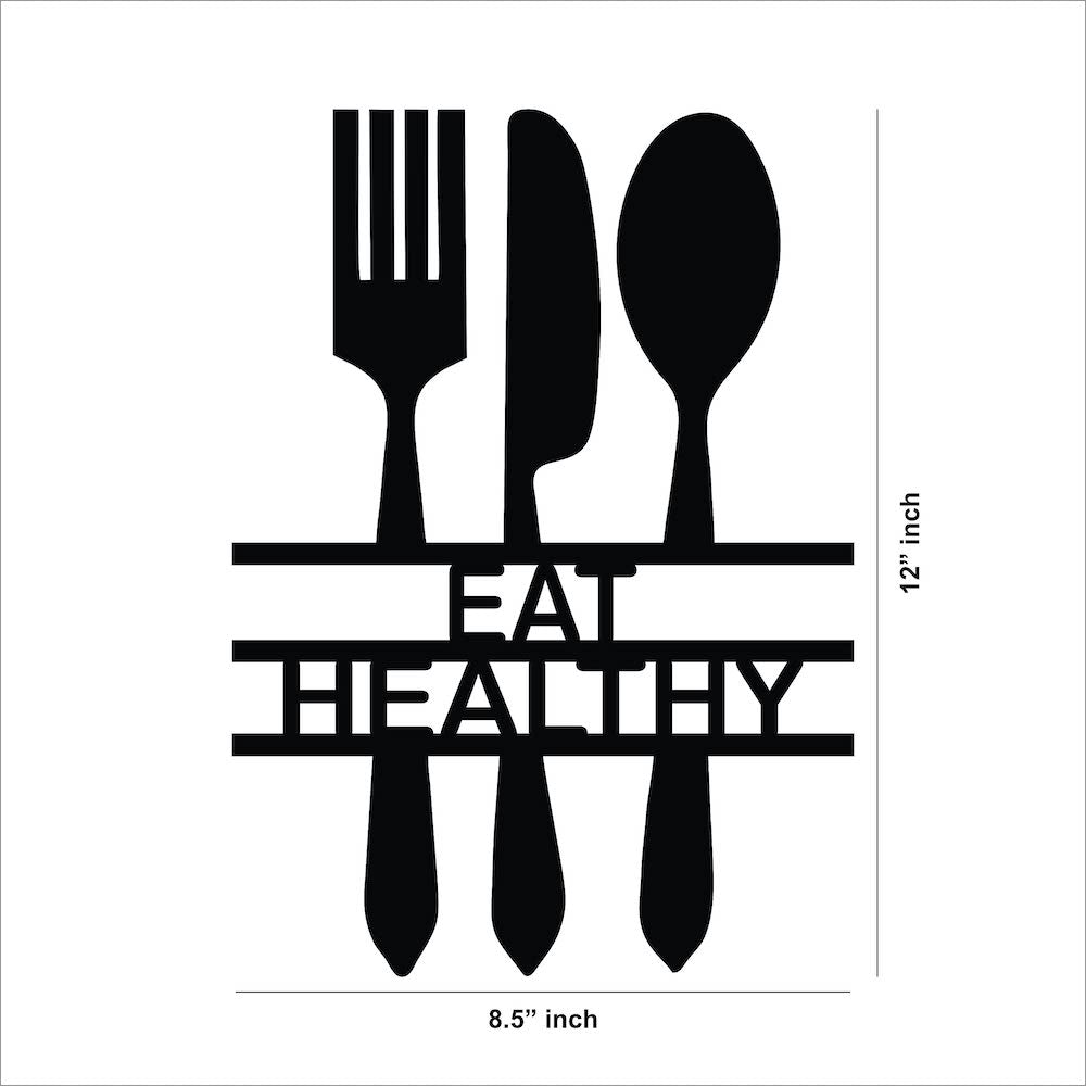 Modern black wall art with the words 'Eat Healthy' designed with cutlery silhouettes, showing the size of the product that is 12 inch by 8.5 inch.