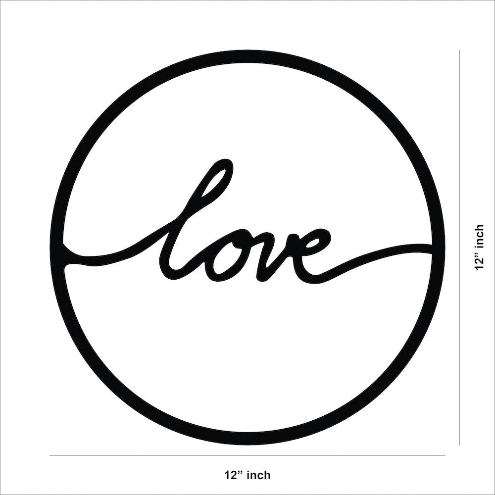 Black MDF circular wall art featuring the word "love" in elegant cursive, showing the size of the product that is 12 inch in diameter.