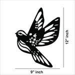 Elegant black pigeon wall art decor mounted on a neutral living room wall. The image shows the dimensions of the product that is 12 inch by 9 inch.