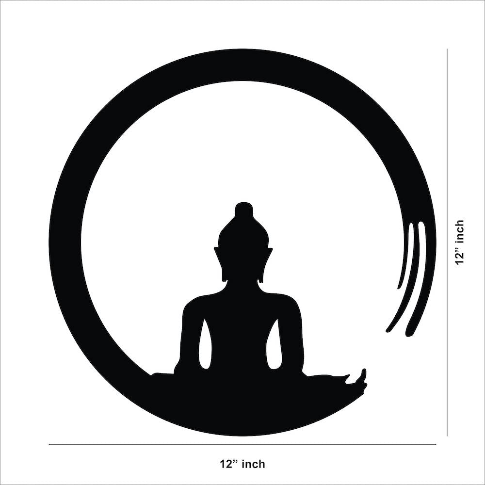 Minimalist Buddha meditation wall art crafted from MDF, featuring a serene silhouette encircled by a Zen-inspired circular design. The dimensional image of the product with 12 inch diameter.