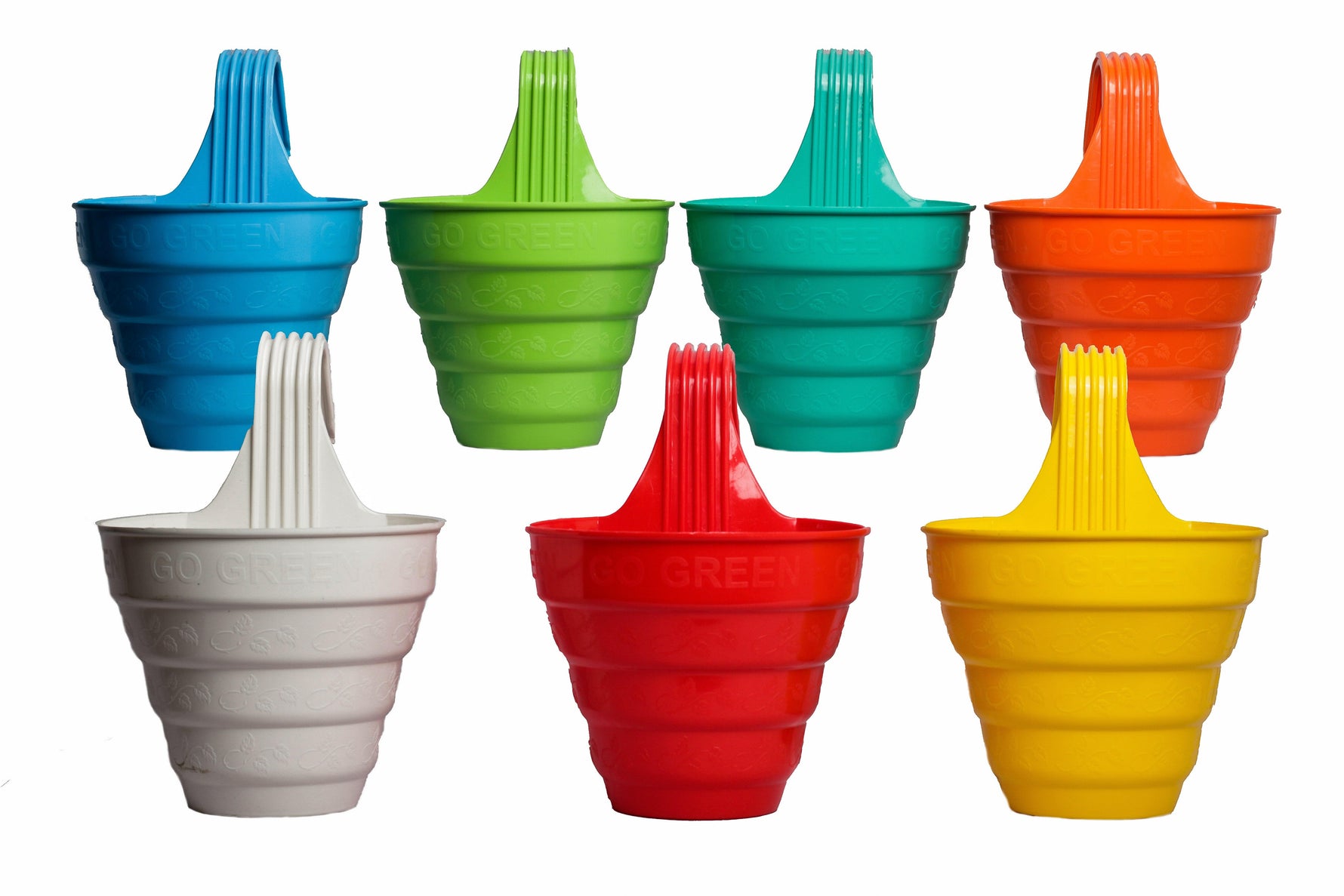 Set of colorful hanging plastic planters in blue, green, red, orange, yellow, and white with 'Go Green' embossed design.