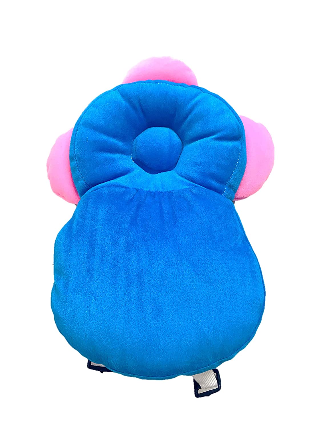 Soft blue and pink baby head protection pillow with ergonomic design and adjustable straps.