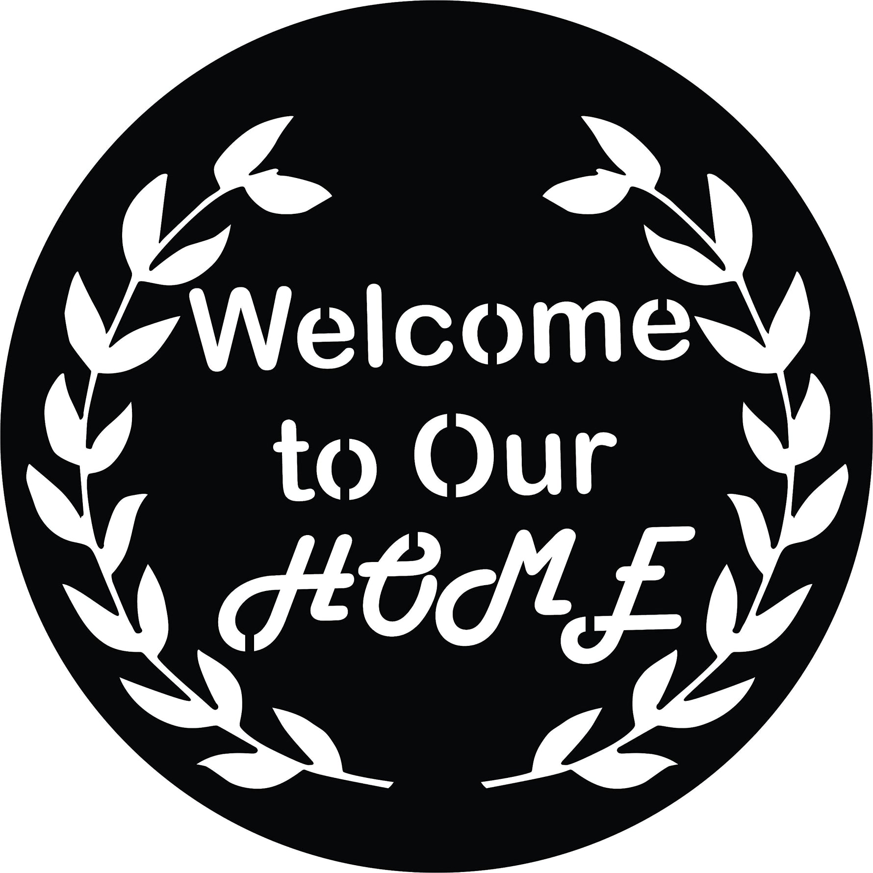  Black MDF circular wall art with the text "Welcome to Our Home" zooming the product.